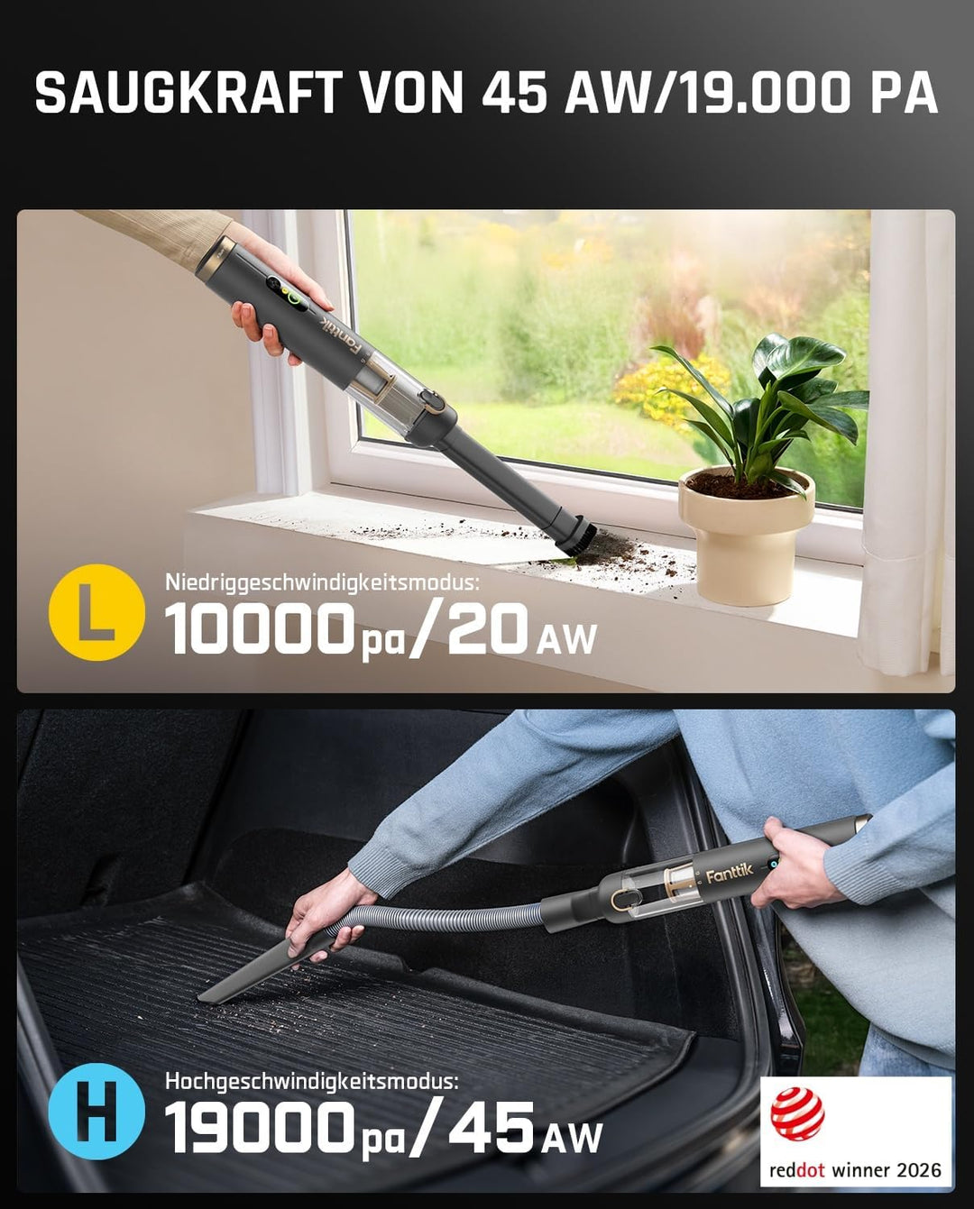 Fanttik Slim V10 APEX Kabelloser 4-in-1 Auto & Tragbarer Mini-Handstaubsauger, 19 kPa Saugkraft, Sma