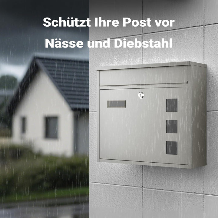Wiltec Briefkasten V12 Edelstahl 360 x 115 x 315 mm, Wandbriefkasten mit Schloss, Sichtfenstern und