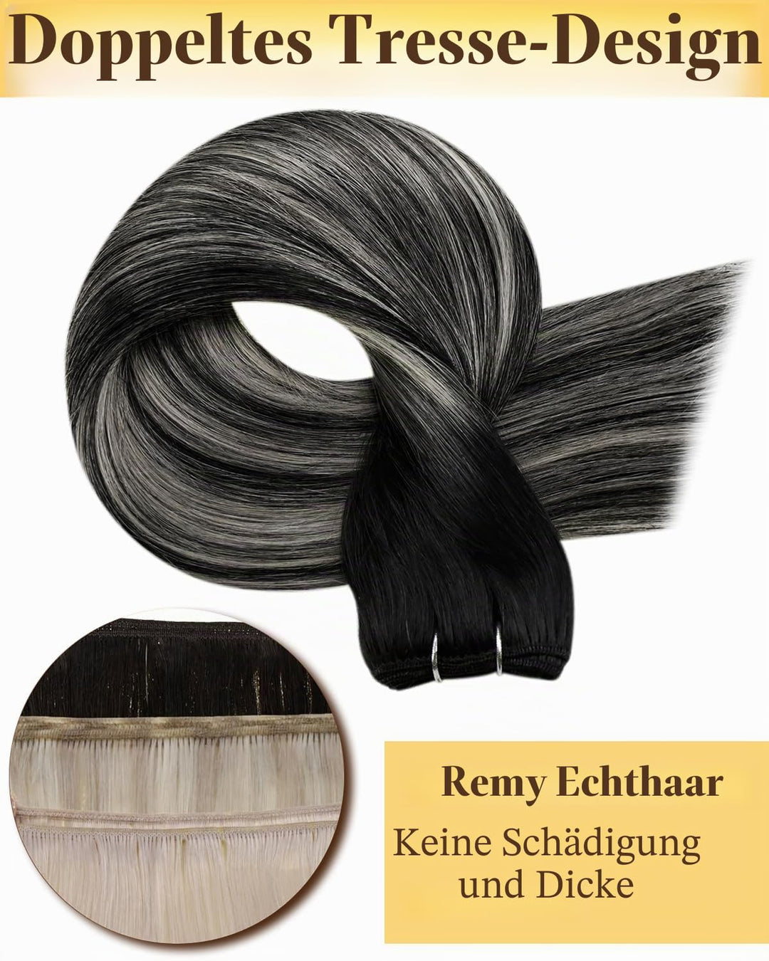 Hetto Tressen Echthaar, Balayage Naturschwarz mit Silber, 35cm, 80g | 100% Remy Haar, Stylbar, knote