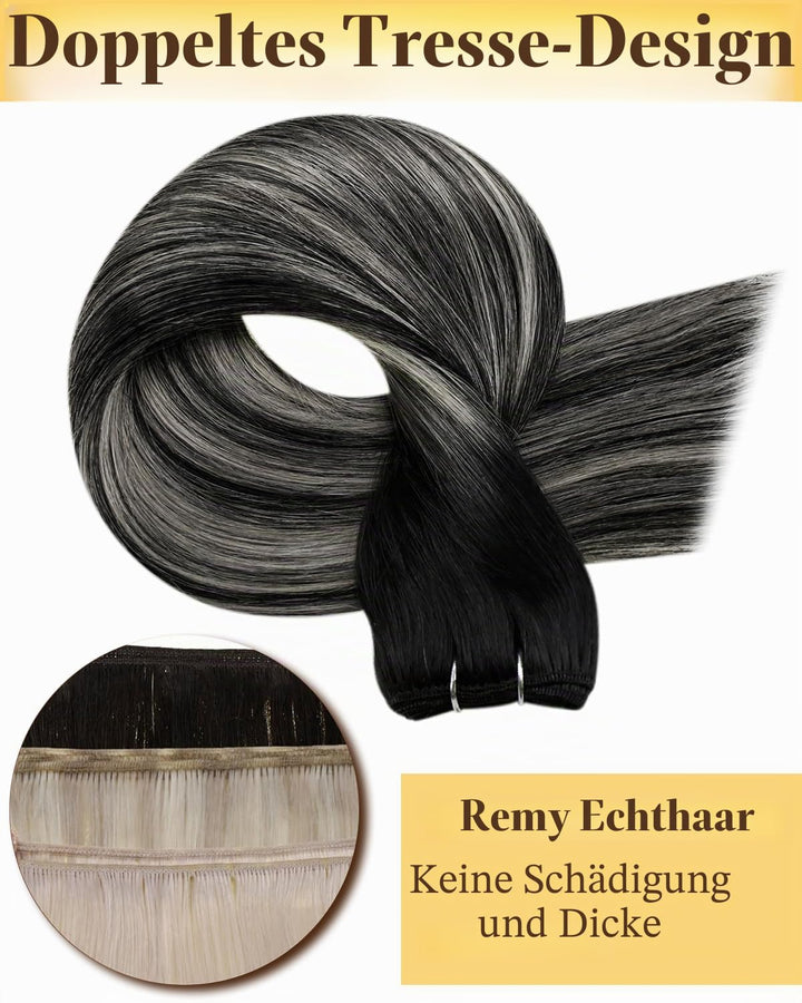 Hetto Tressen Echthaar, Balayage Naturschwarz mit Silber, 35cm, 80g | 100% Remy Haar, Stylbar, knote