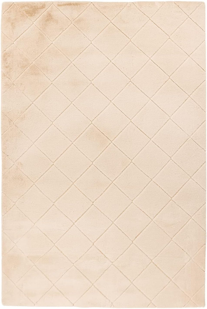 payé Teppich - Wohnzimmer Kuschwelweich 80x150cm Beige Flauschig Karo Muster Modern Deko Teppiche We