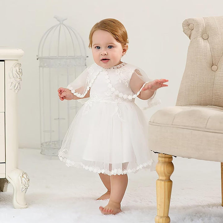 Baby Mädchen Weiss Taufkleid mit Haube Neugeborenen Taufe Kleid Spitzenkleid für Hochzeit Geburtstag