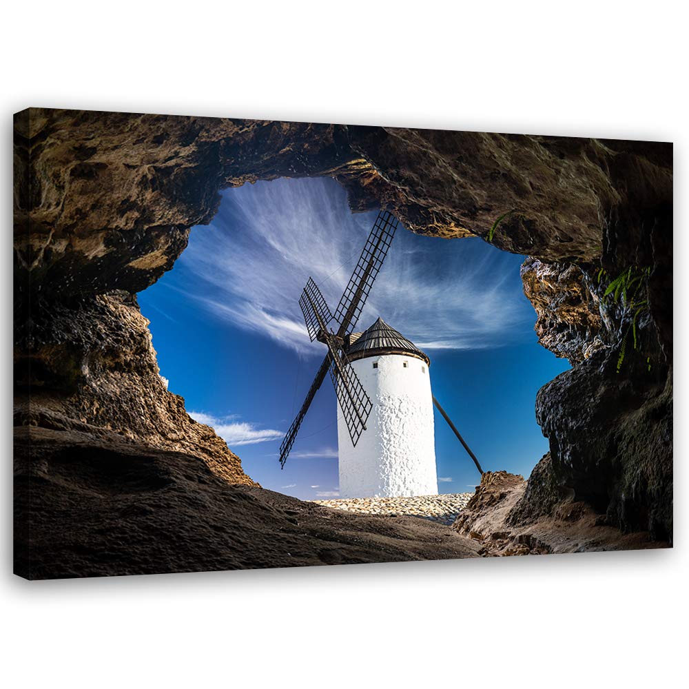 Feeby Wandbild 3D Bild Druckbild Leinwandbild Windmühle Blau 90x60 cm Leinwandbild 90x60 cm Blau_b,