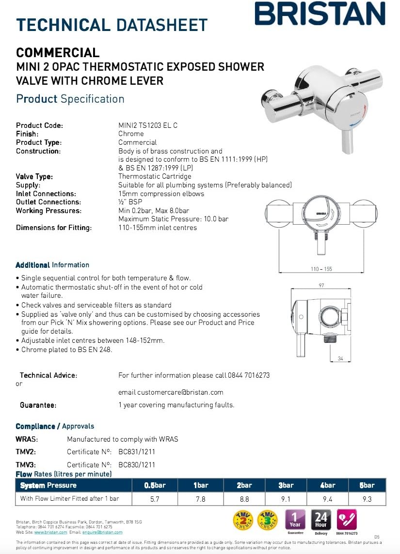Bristan MINI2 TS1203 EL C OPAC Thermostat-Mini Hebel, Chrom Duschventil