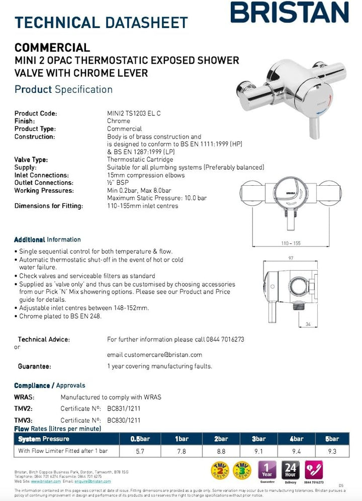 Bristan MINI2 TS1203 EL C OPAC Thermostat-Mini Hebel, Chrom Duschventil