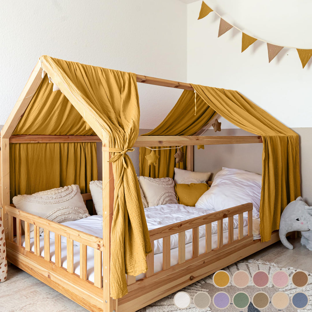 lilimaus Hausbett Himmel [Gelb] - Betthimmel Hausbett aus 100% Baumwolle Musselin Handmade - Stoffhi