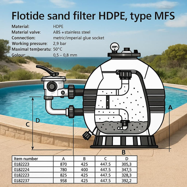 Flotide MFS27 HDPE Sand Filter - 675mm Diameter, 18000 L/H Max Flow, 101.5 m³ Pool Capacity, 0.36 m²