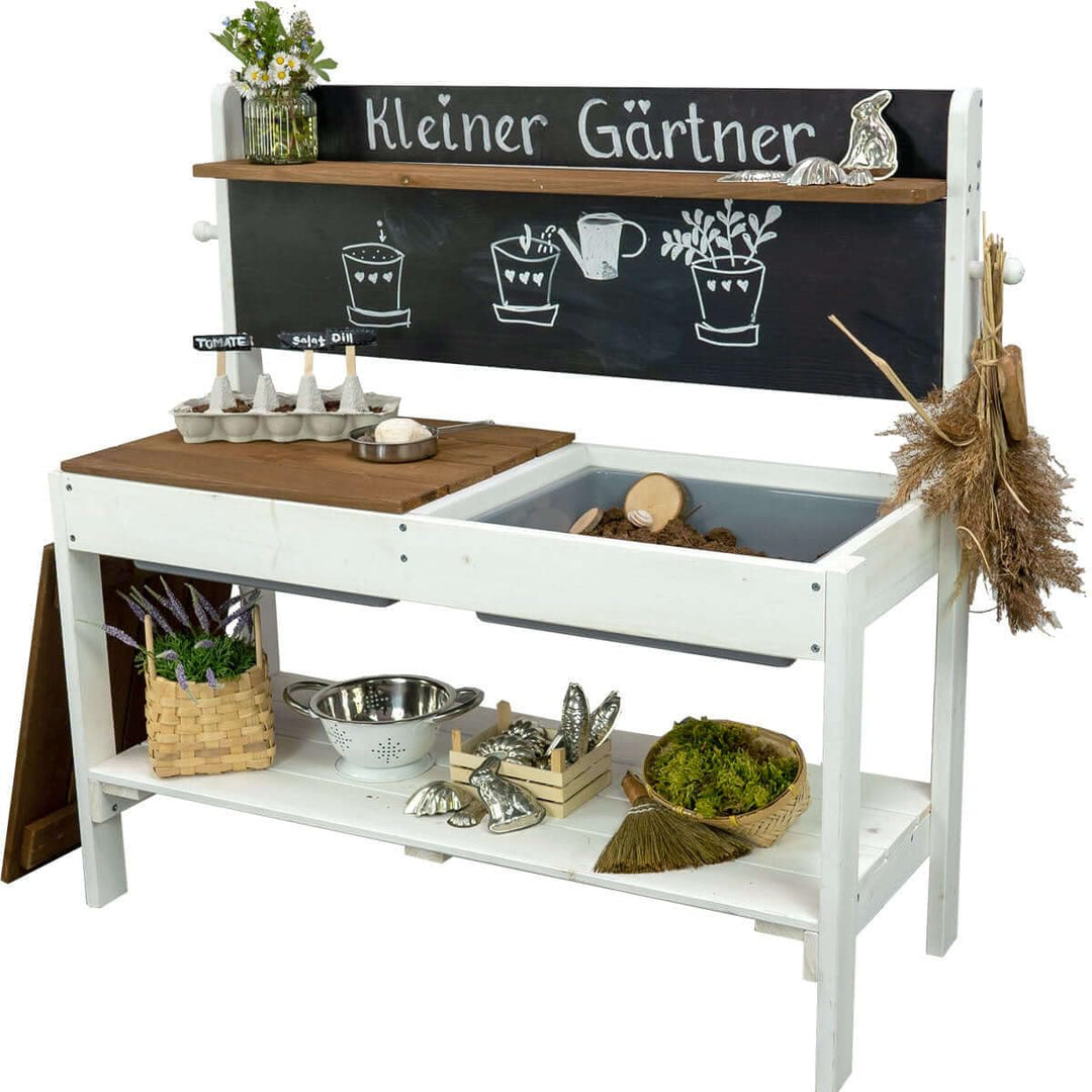 Meppi Matschküche Kleiner Gärtner aus Holz - Outdoorküche für Kinder mit Matschwannen - Pflanztisch