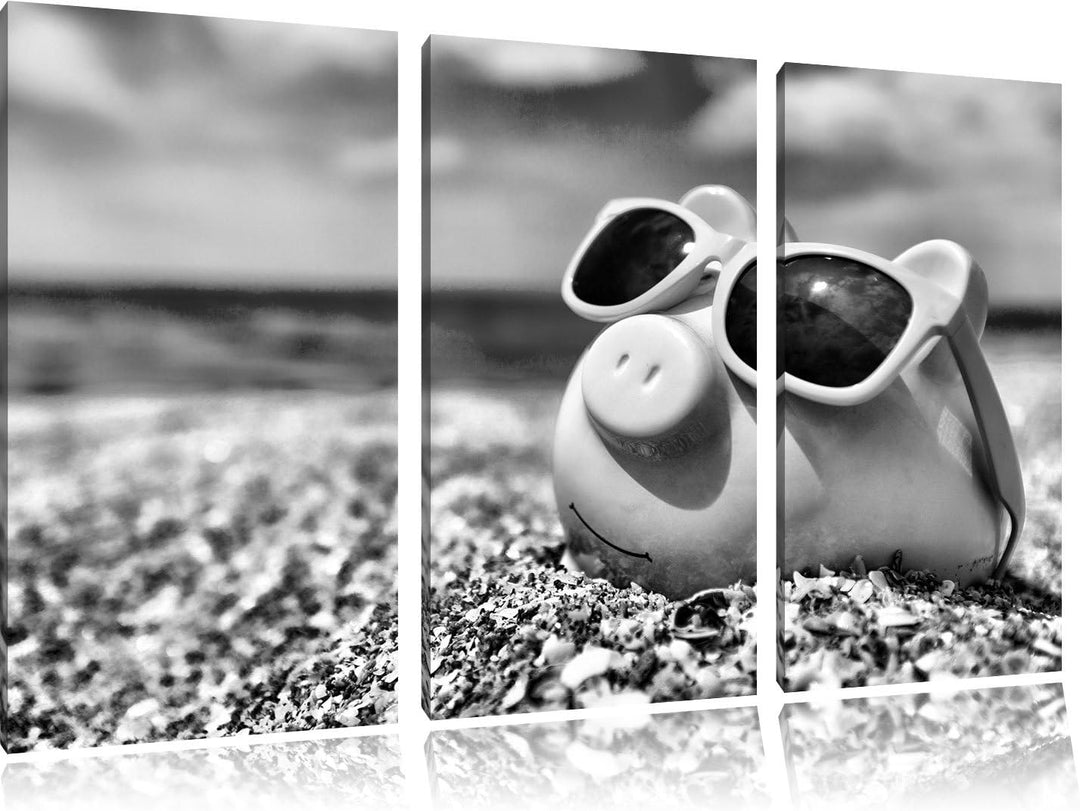 Pixxprint Schweinchen am Strand als Leinwandbild/Grösse: 3 Teilig (120x80) cm/Wandbild/Kunstdruck/fe