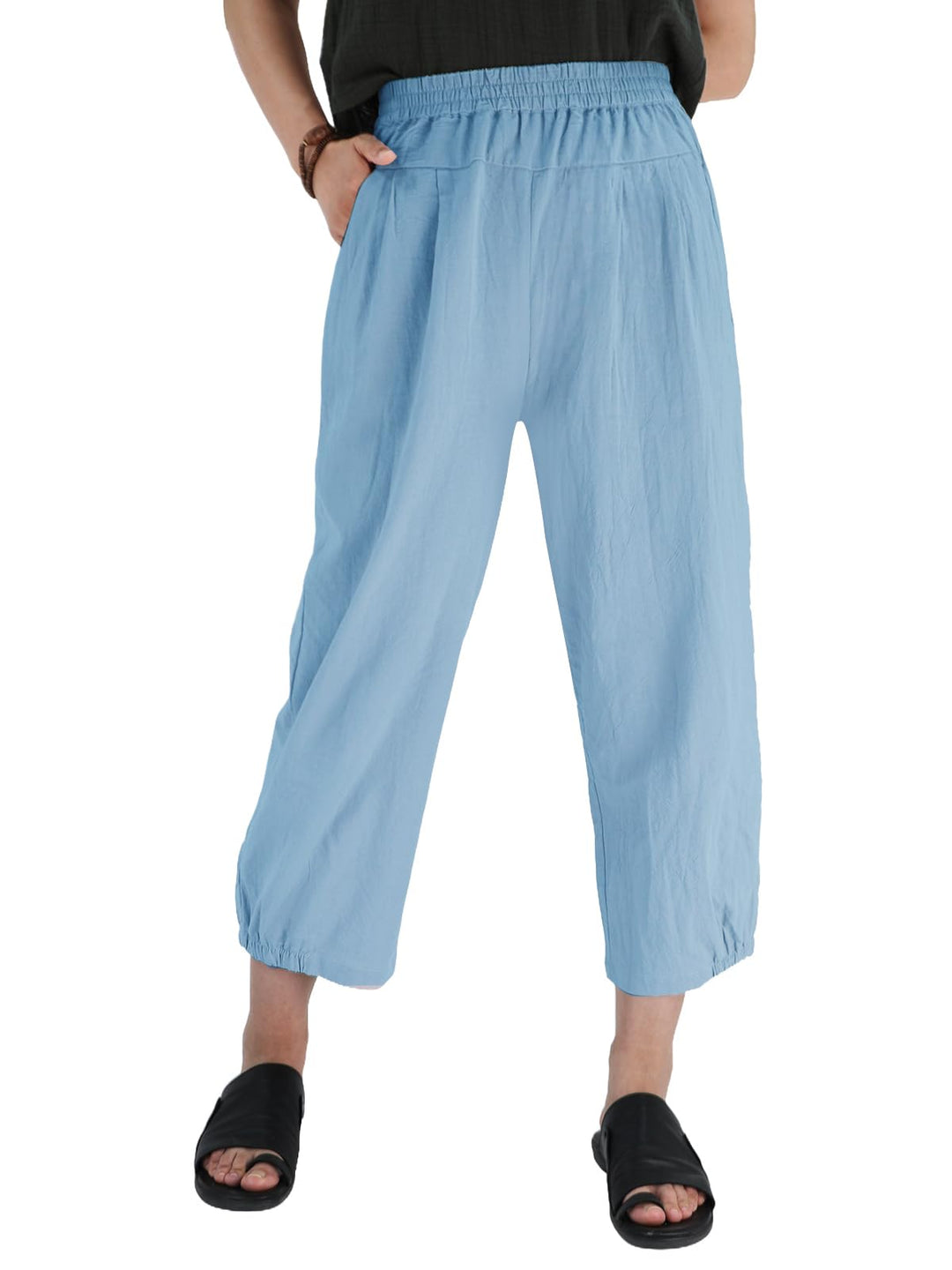 Les umes Damen Sommerhose Leicht Baumwolle Capri Weit | Musselin, Elastischer Bund, Weit, 7/8, Freiz