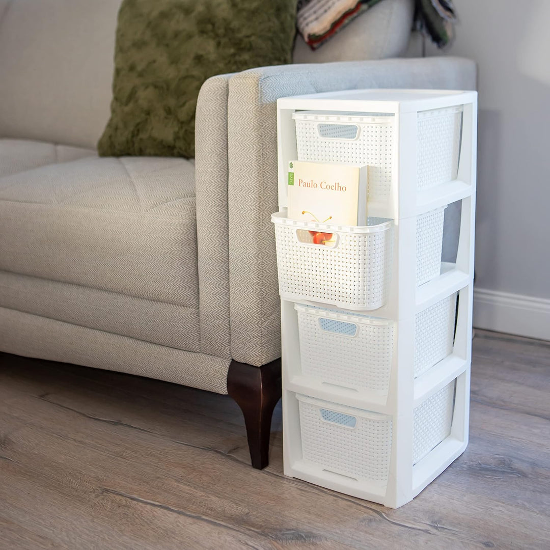 BranQ - Home essential Regal in Rattan Design, BPA-freie Kunststoff PP, Weiss, 29,5 x 24 x 64,2 cm,