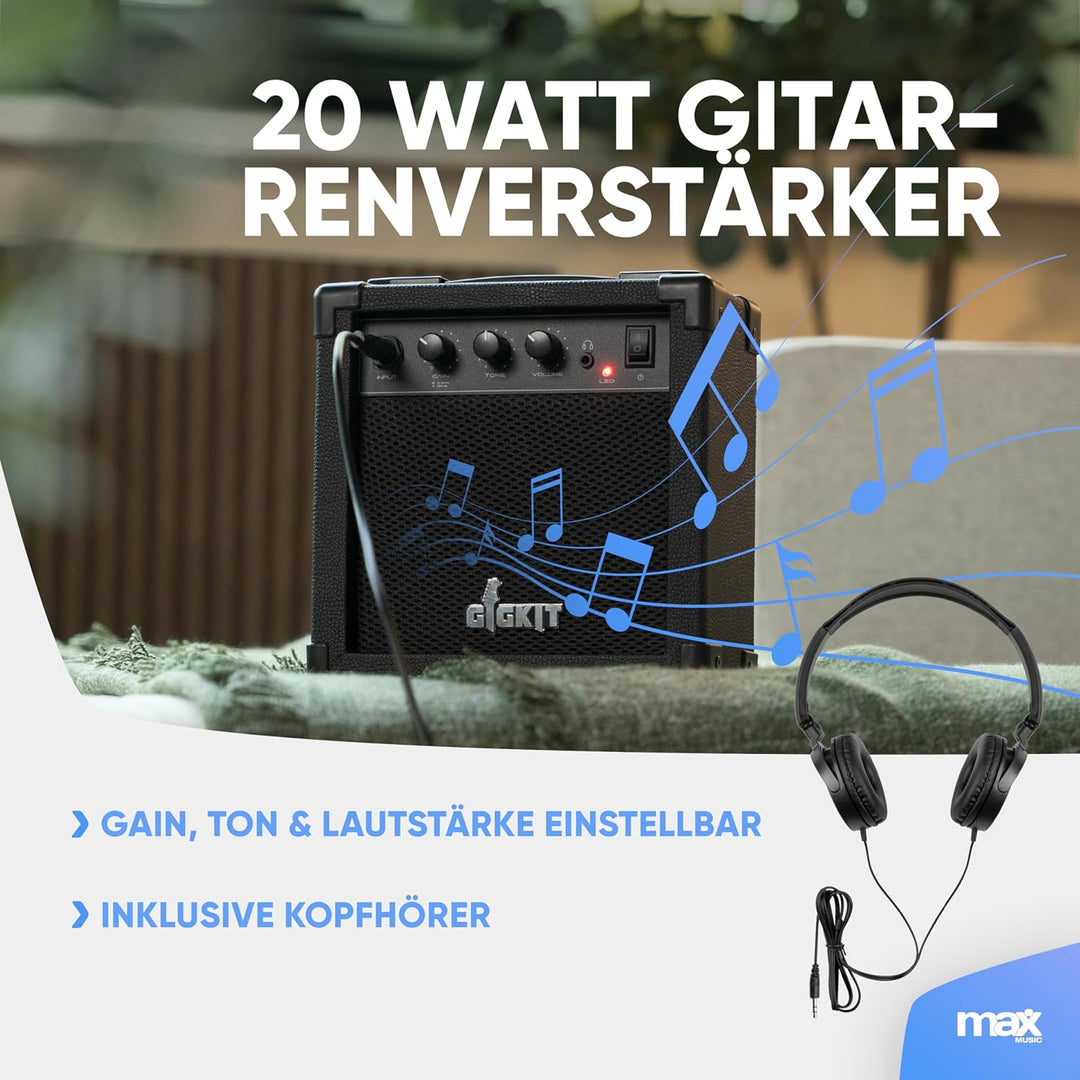 Max GigKit Junior 3/4 - Kinder E Gitarre Set, E Guitar, Elektrogitarre mit Verstärker 20 Watt, Tasch