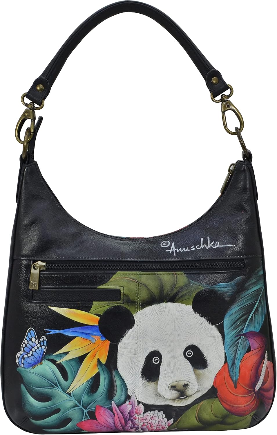 Anuschka Handbemalte Schmale Hobo Tasche, Erweiterbar, mit Crossbody Riemen Happy Panda, Dragonfly G