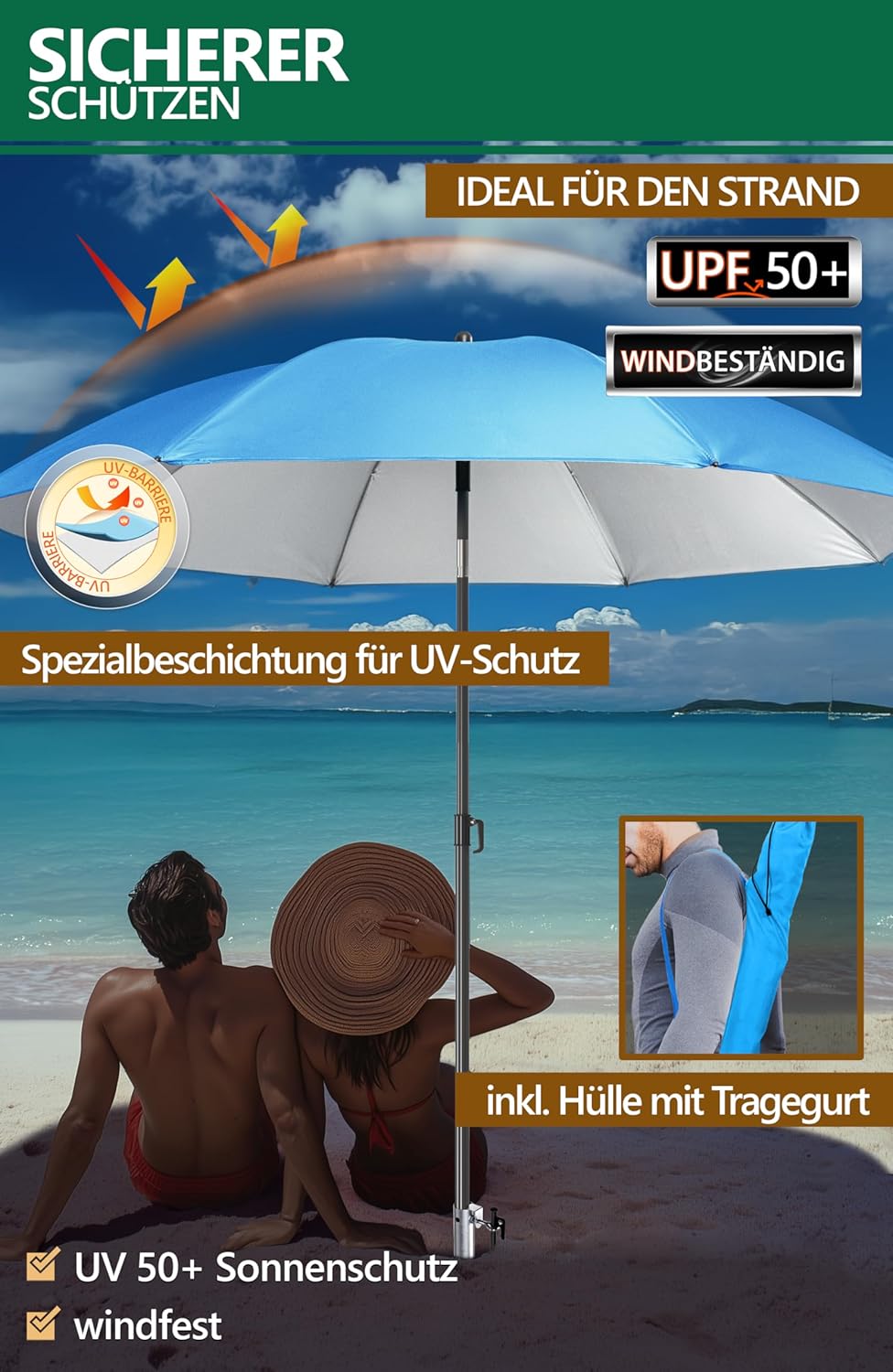 4smile Sonnenschirm Strand 3-in-1 Set, Ø 180 cm, Blau, Strandschirm Windfest Stabil, UV50 Sonnenschu