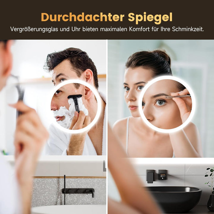 Dripex LED Badspiegel 100x60cm, Badezimmerspiegel mit Uhr und schminkspiegel 60L x 100B cm mit Uhr,