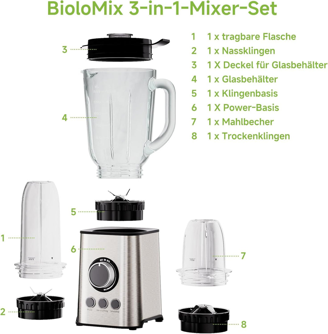 Biolomix 3-in-1-Mixer und Smoothie-Maker 1300-W-Standmixer mit 1,5-l-Glasbehälter 3 Geschwindigkeits