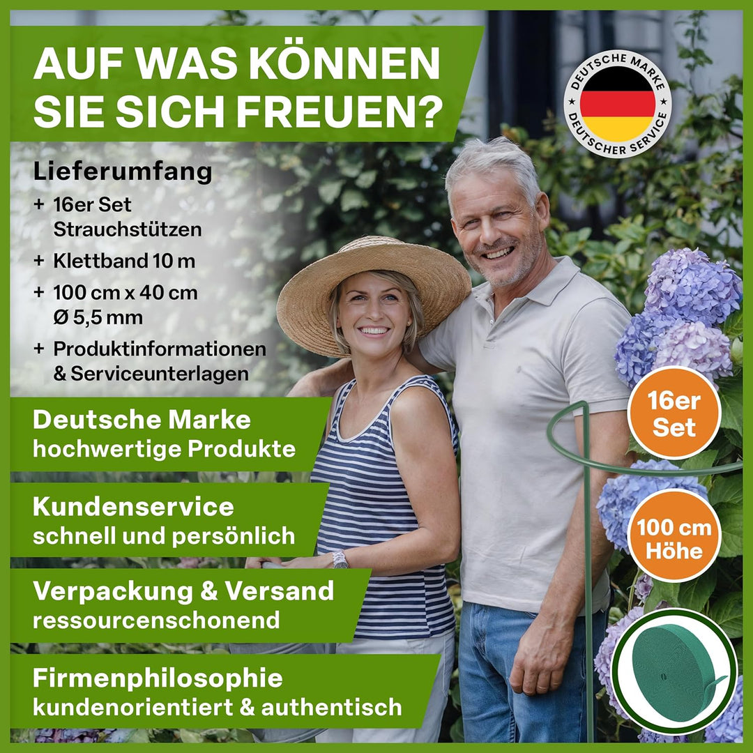 TTL GARDEN Strauchstützen 100cm x 40cm 16er Set + Klettband - Pflanzenstütze Stahl rostfrei Kunststo