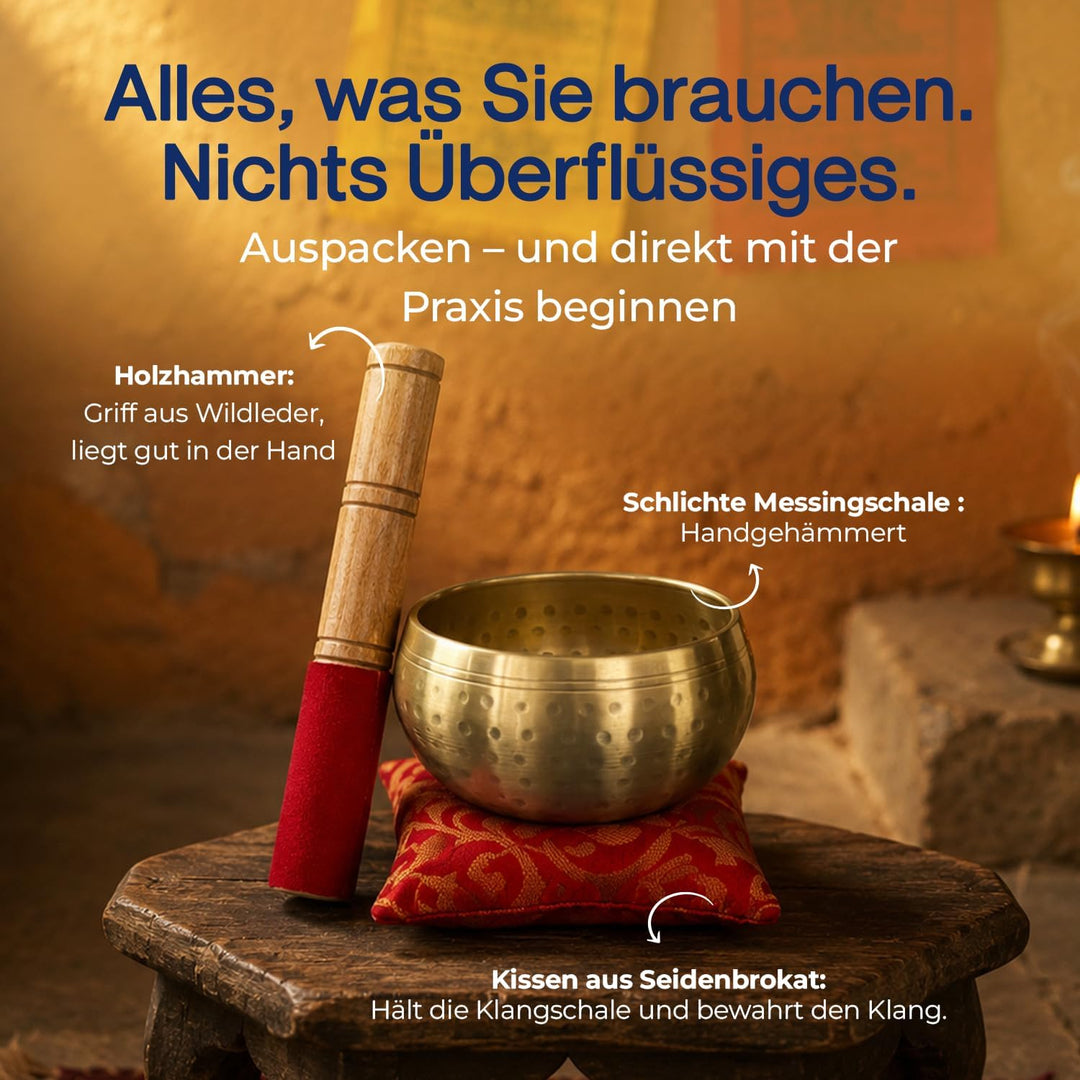 Tibetische Klangschale 13 cm | Meditations- & Yoga-Set mit Klöppel, Kissen & Geschenkbox | Entspanne