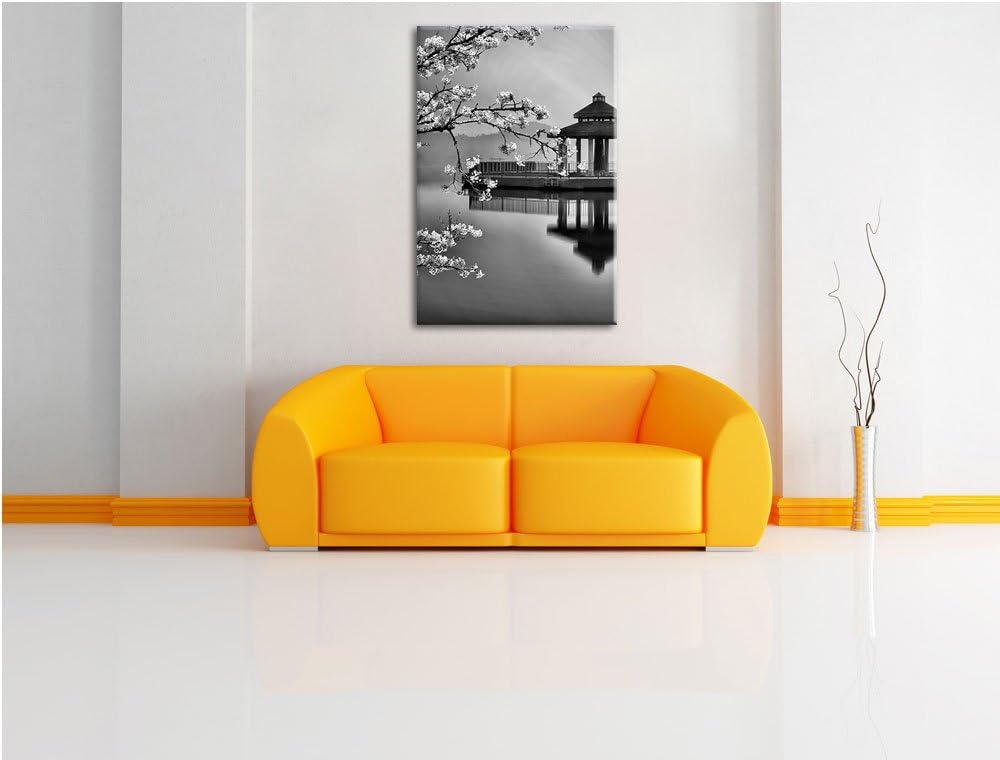 Pixxprint Monocrome, Kirschbaum am Japanischem See, Format: 100x70 auf Leinwand, 100x70