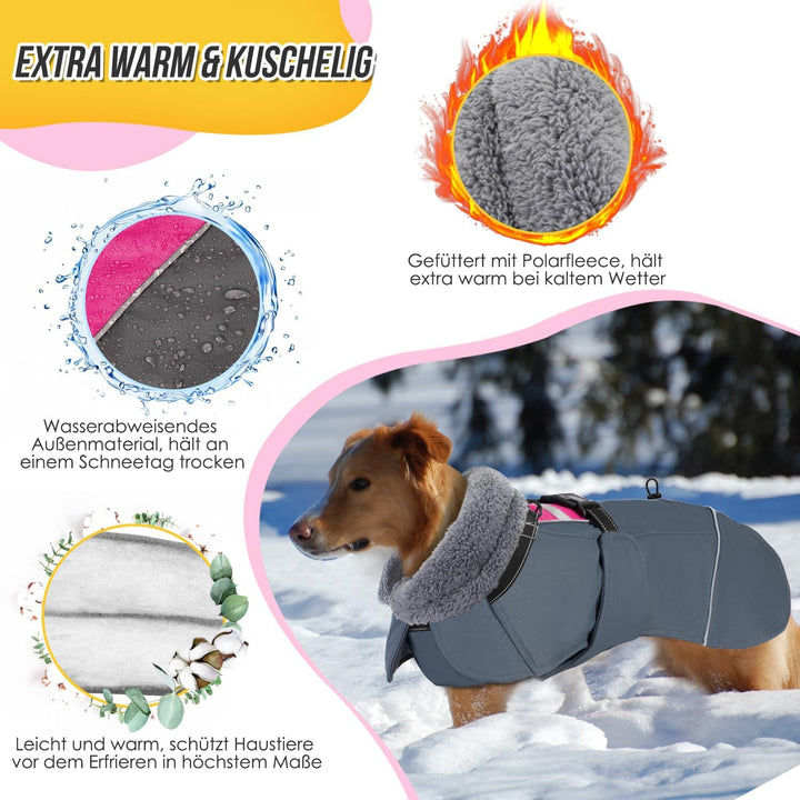 Hundemantel Winter für Grosse Hunde, Wasserdicht Hundejacke mit warmem Fleecefutter und Halsband, Wi