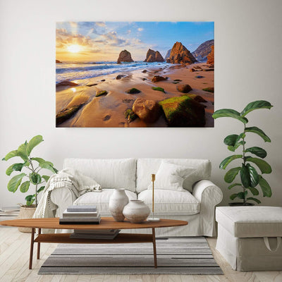 PICANOVA – Bild auf Leinwand Meeresstrand mit Felsen 120x80cm – Leinwandbild – Premium Leinwanddruck