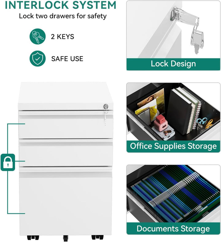 YITAHOME Mobiler Aktenschrank, Abschliessbar Rollcontainer mit 3 Schubladen für A4, Legal, Letter, M