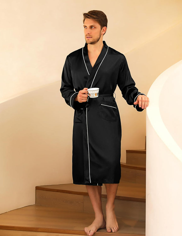 Bresdk Morgenmantel Herren Satin Kimono Robe Lang Leichter Bademantel für Männer M Schwarz M885, M S