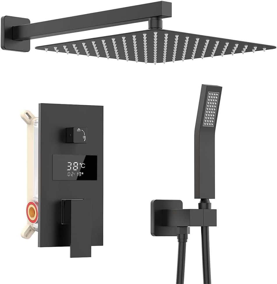 Duschsystem Schwarz Unterputz Duscharmatur Set inkl.30X30cm Kopfbrause, Duschsystem mit Temperatur L