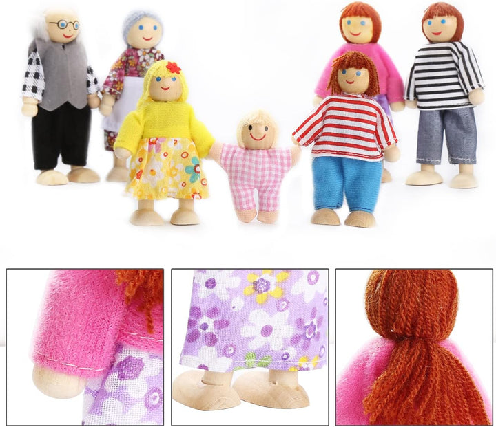 Playtee 7-köpfige Puppenfamilien Puppenhaus für Kinder Spiel Haus Geschenk Holz, Modern