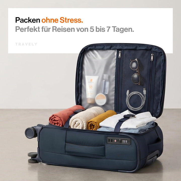 Travely Stoffkoffer M - Handgepäck Koffer mit Laptopfach bis 15,6", Koffer mit 4 Rollen und TSA Zahl