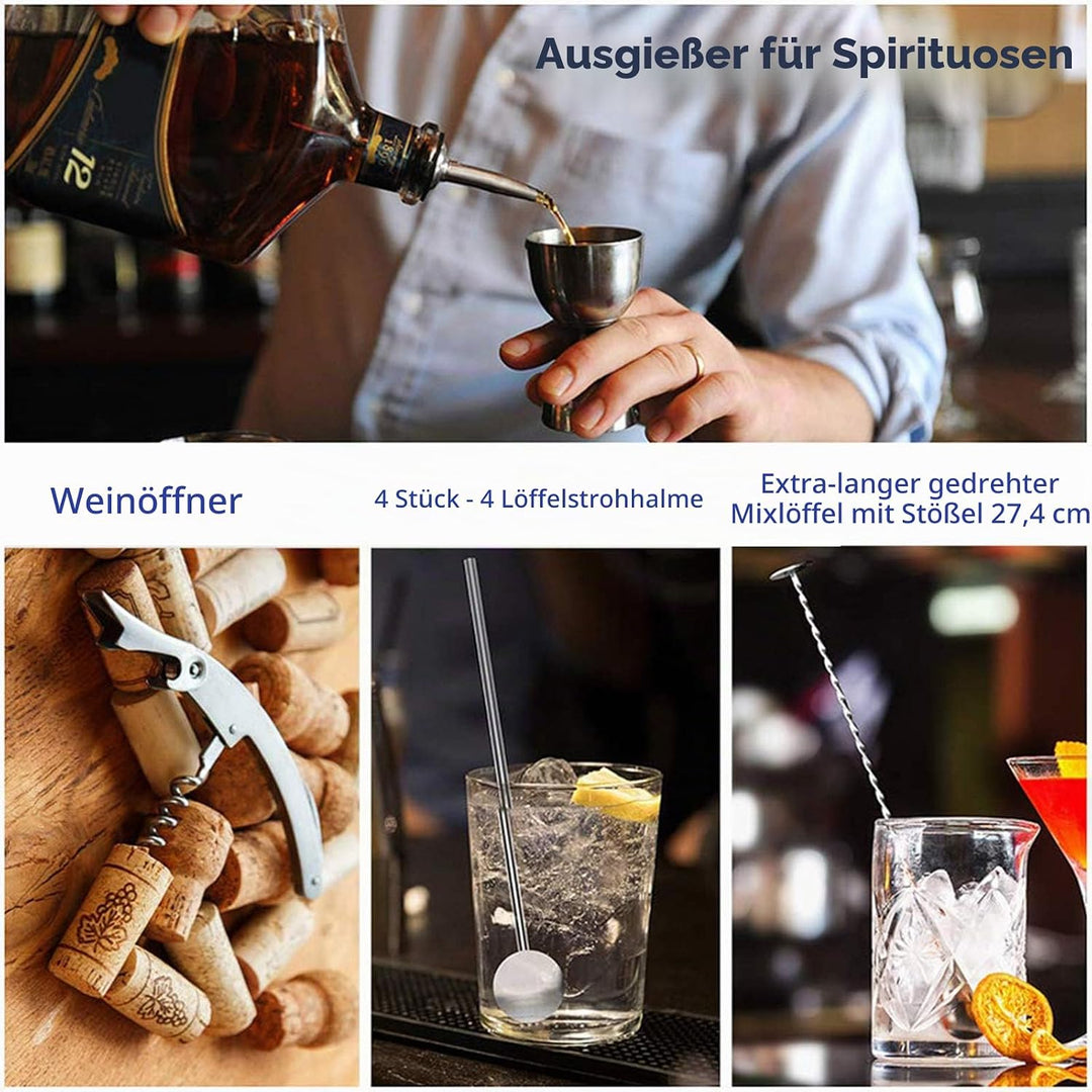 Cocktail Set 18 Stück, Cocktail Shaker, Edelstahl Cocktail Zubehör Mix Set, Professionelles Barzubeh