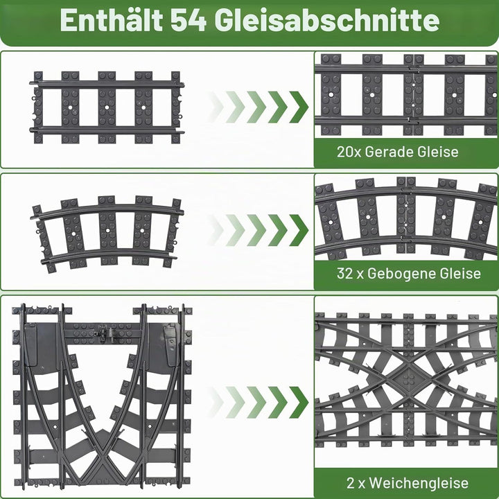 Bausteine Zug Schienen Set, 54 Stück City Zug Schienen Set, Bestehend aus Cross Track Gerade, Kurven