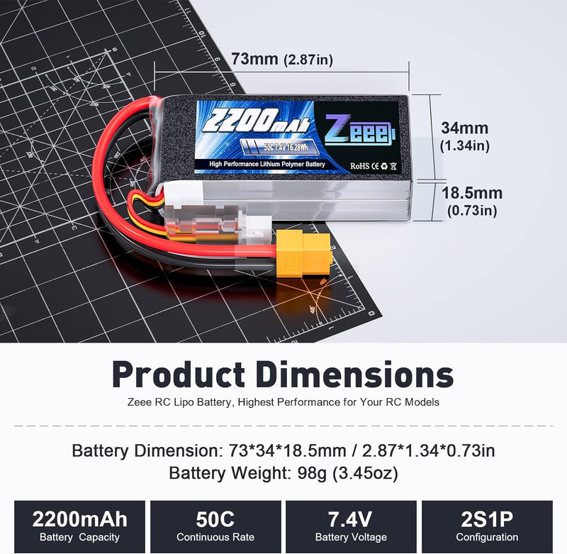 Zeee 2S Lipo Akku 50C 2200mAh 7,4V Kurze RC Batterie mit XT60 Stecker für für 1/16 Slash RC Auto RC