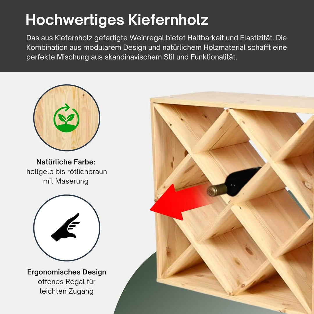 PROREGAL Modulares Weinregal VINCELLAR MOD | HxBxT 60x60x30cm | Rauten Modul für 30 Flaschen| Massiv