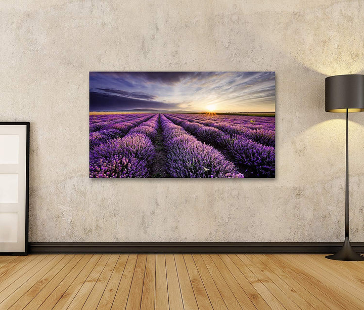 islandburner Bild auf Leinwand Lavendel Sonnenaufgang Dramatische Wolken Über Feld Bilder Wandbilder