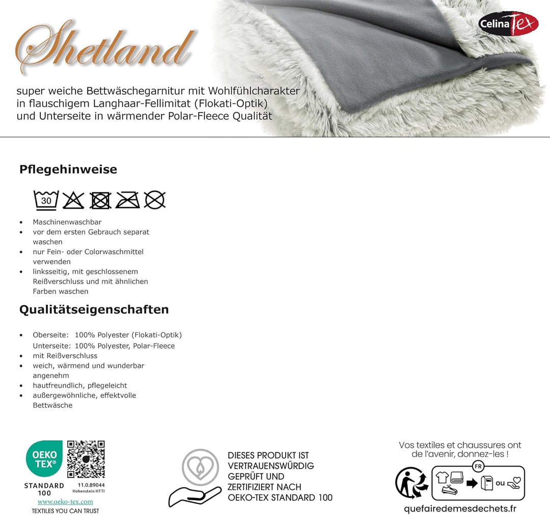 CelinaTex Shetland Bettwäsche 135 x 200 cm 2-teilig grau Polar-Fleece Bettbezug Flokati Optik Bett G