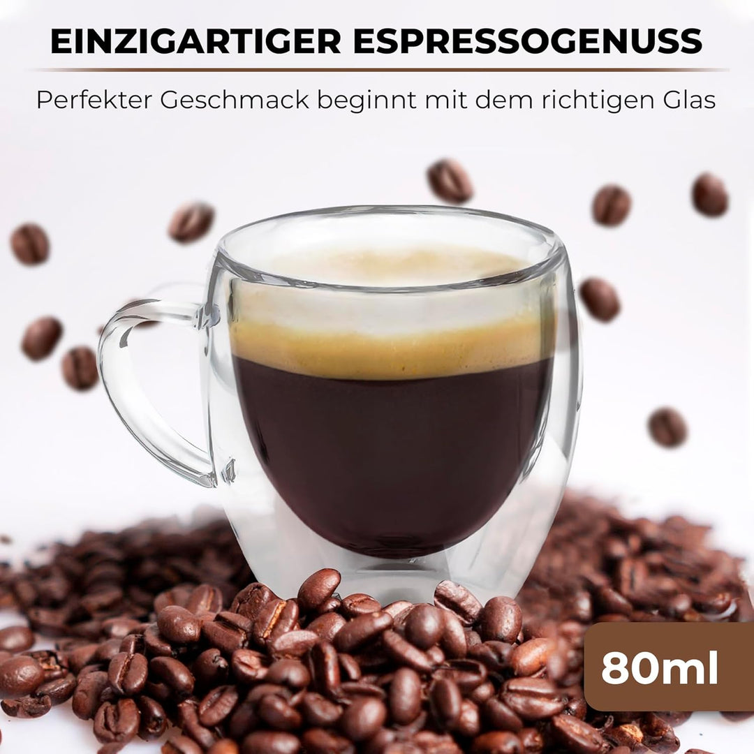 Zobel Espressotassen 80ml | 4er Set doppelwandige Espressogläser mit Henkel aus Borosilikatglas inkl