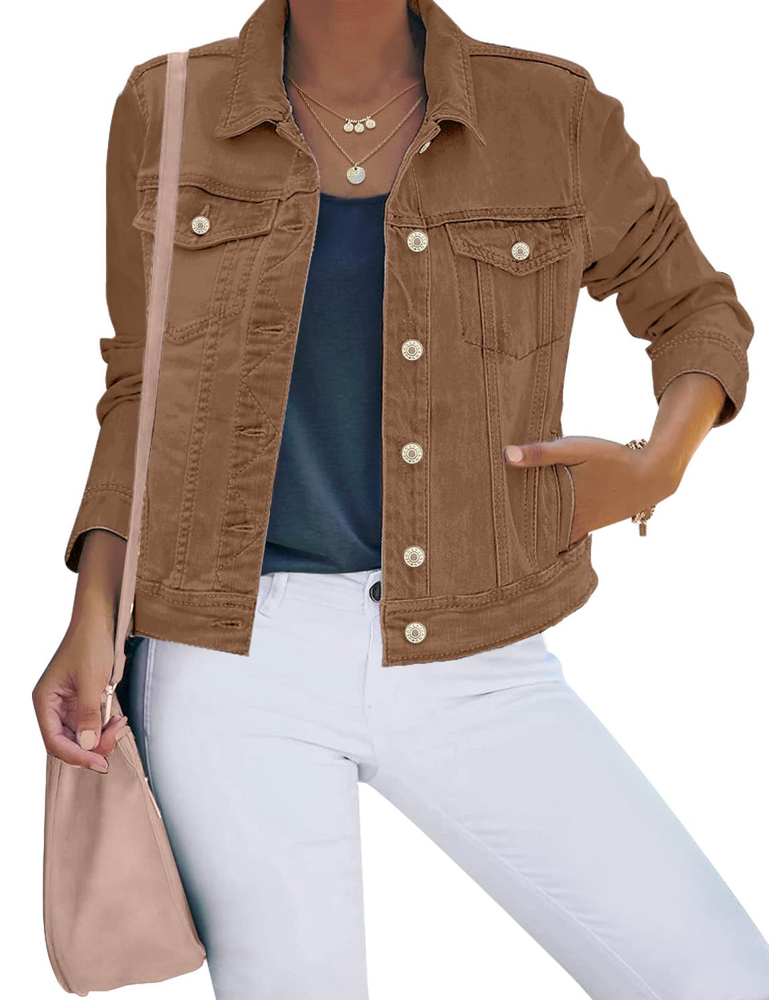 Roskiky Jeansjacken Damen Jean Stretchy Langarm Trucker Jacke mit Tasche XL Braun, XL Braun