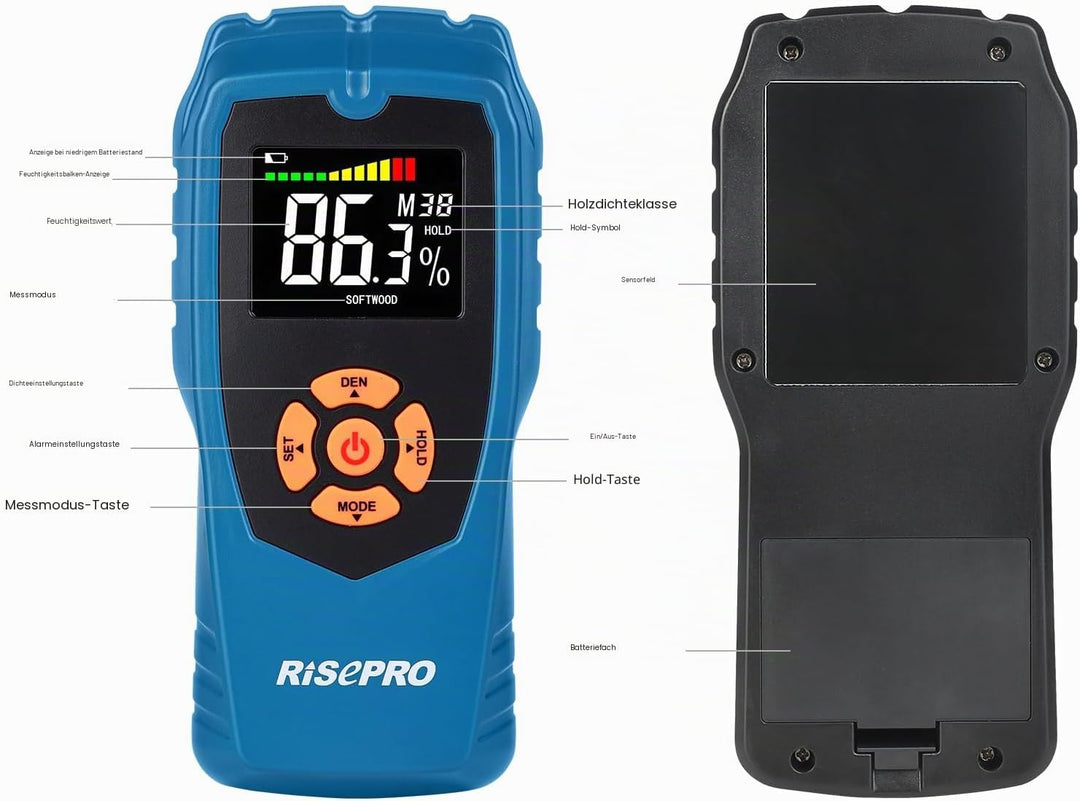RISEPRO Holzfeuchtemessgerät Stiftloser zerstörungsfreier Holzfeuchtedetektor-Scanner für Brennholz,