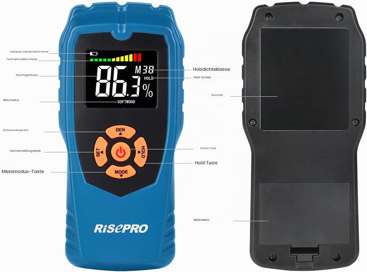 RISEPRO Holzfeuchtemessgerät Stiftloser zerstörungsfreier Holzfeuchtedetektor-Scanner für Brennholz,