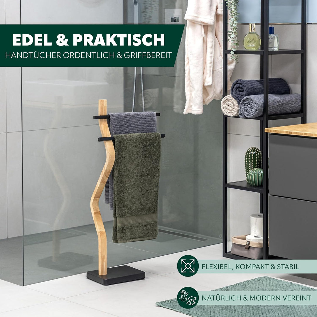 eluno Stand-Handtuchhalter freistehend, 2 Stangen für Handtücher, moderner Handtuchständer aus FSC-z