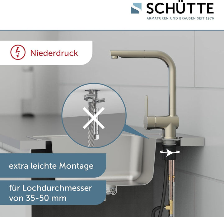 SCHÜTTE 79729 LONDON Niederdruck-Küchenarmatur in Edelstahl mit ausziehbarer Geschirrbrause, 360 Gra