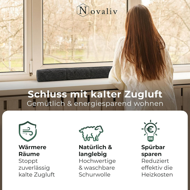 Zugluftstopper für Fenster 120cm Anthrazit Schurwolle – stoppt Zugluft &amp; Kälte, dämpft Lärm/Staub/Li