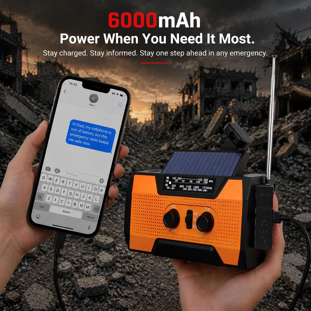 6000mAh-Handkurbel-Notfallradio, AM/FM-Wetterradio, solarbetriebenes | batteriebetriebenes Radiomit