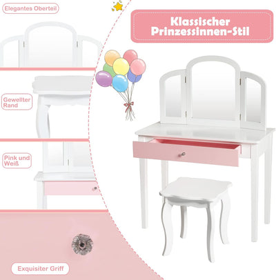 GOPLUS 2 in 1 Kinder Schminktisch, Frisiertisch & Stuhl, Kosmetiktisch mit Abnehmbarem 3-Fach-Spiege