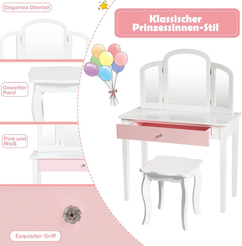 GOPLUS 2 in 1 Kinder Schminktisch, Frisiertisch & Stuhl, Kosmetiktisch mit Abnehmbarem 3-Fach-Spiege