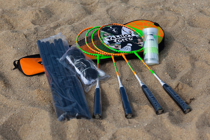 Talbot-Torro Badminton-Set 4-Attacker Plus, Kolmplettset mit 4 Schläger, 3 Federbälle, komplette Net