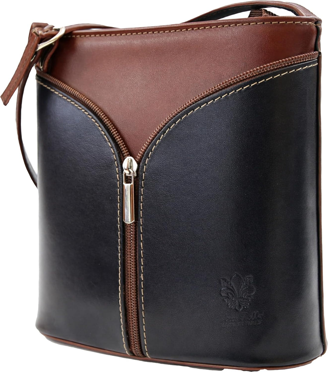 modamoda de - D19 - ital Kleine Umhängetasche aus Leder Braun/Dunkelblau, Braun/Dunkelblau