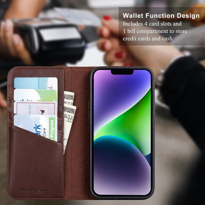 VISOUL iPhone 14 Plus Hülle, Stossfeste Handyhülle [Erstklassiges Rindsleder], TPU Schutzhülle [Kart