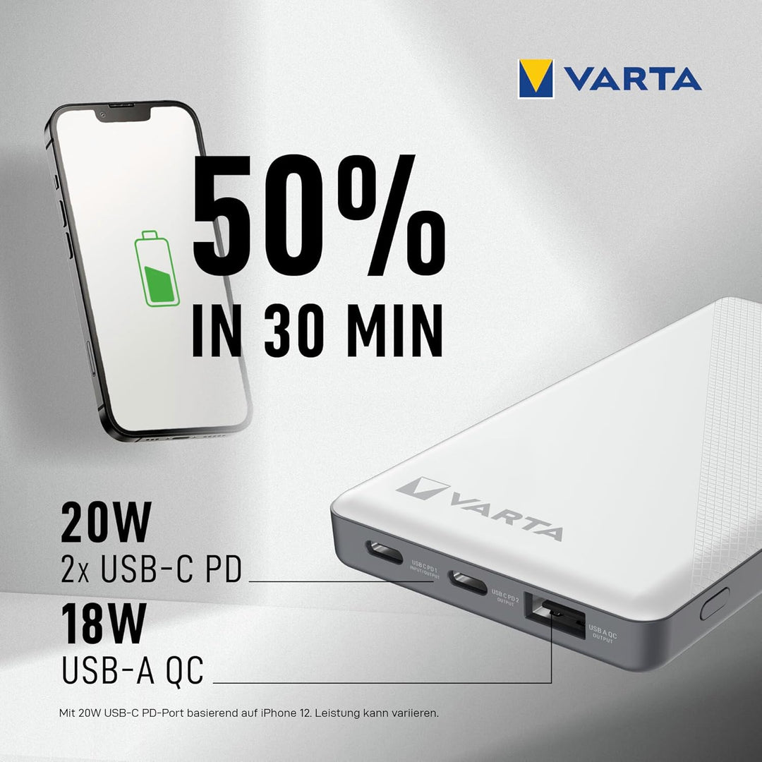 VARTA Power Bank 10000mAh, Powerbank Energy mit 3 Anschlüssen (2x USB C, 1x USB A) Kompatibel mit Ta